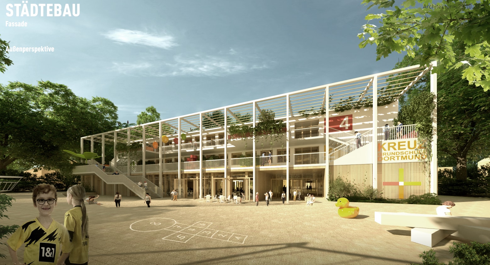 25-59813 Kreuz Grundschule Dortmund Visualisierung Außenansicht Front Schulhof